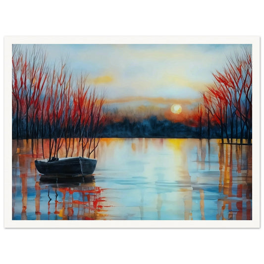 A tranquil lake at sunset with a small boat anchored near bare trees, reflecting the warm hues of the setting sun.