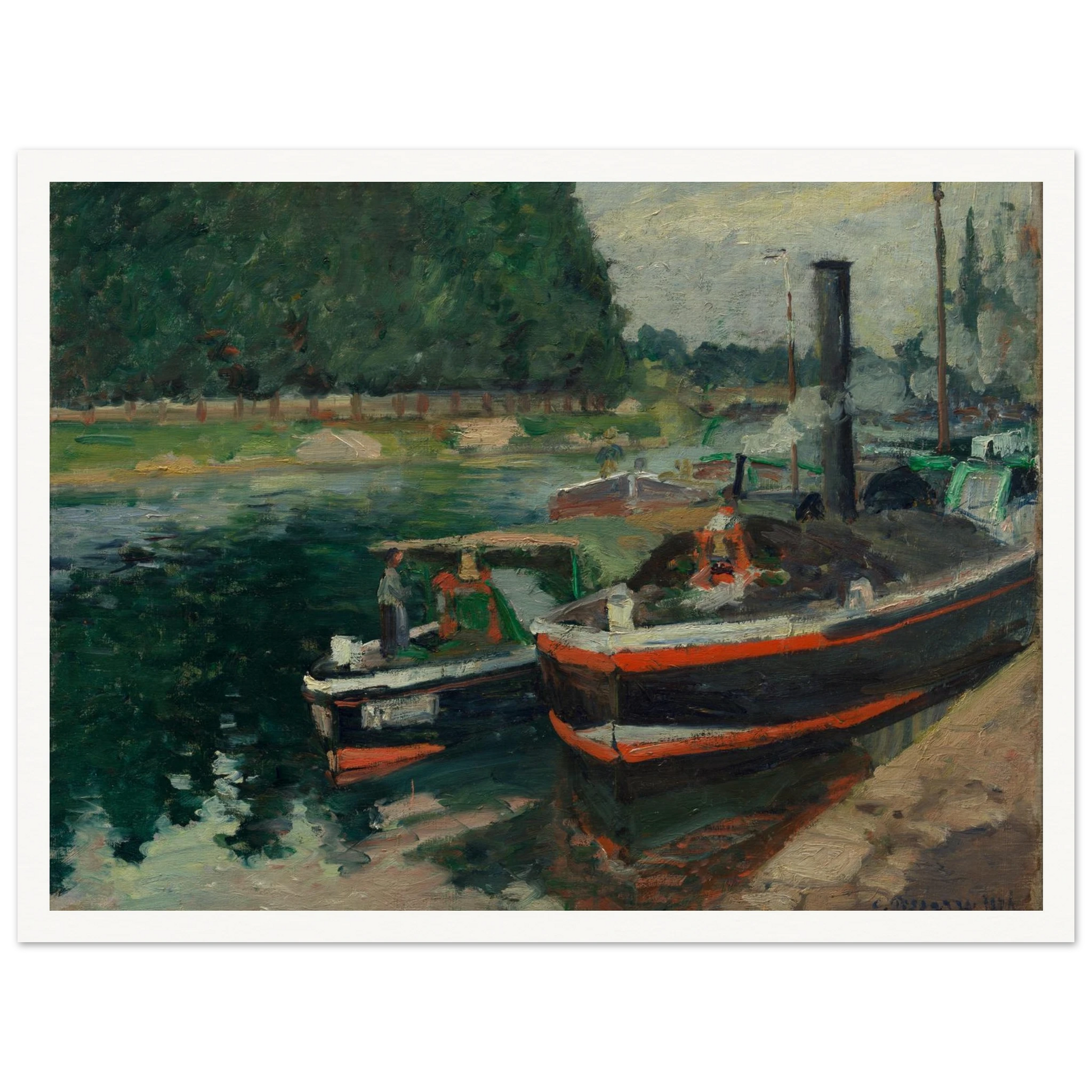 Steamboats dock along the river at Rouen with green trees reflected in the water