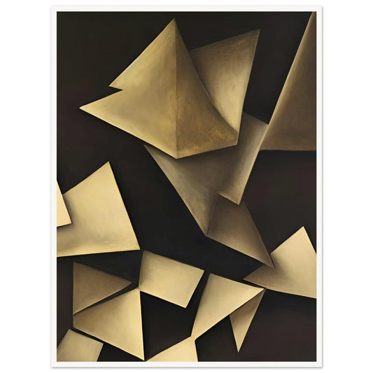 Abstract painting featuring geometric shapes in muted tones, creating a play of light and shadow.