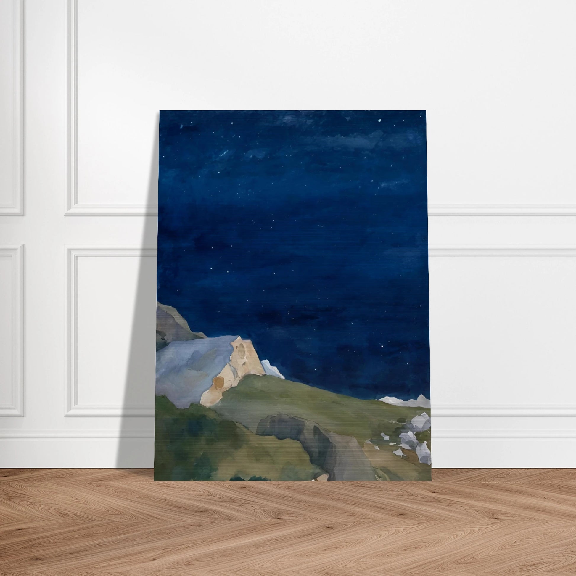 A tranquil night scene of rocky cliffs under a starlit indigo sky, evoking solitude and quiet wonder.