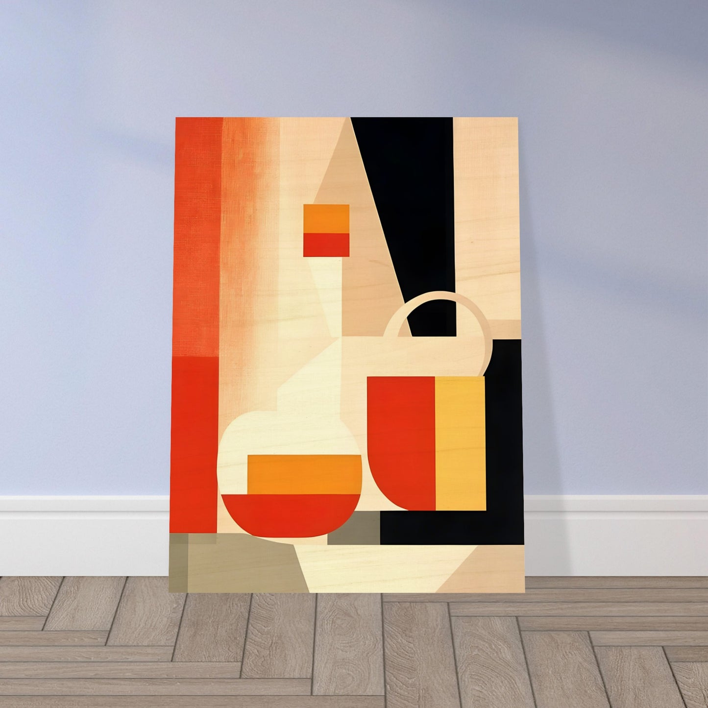 A geometric still-life painting featuring abstract shapes in warm tones of red, orange, yellow, and beige, contrasted with black elements.