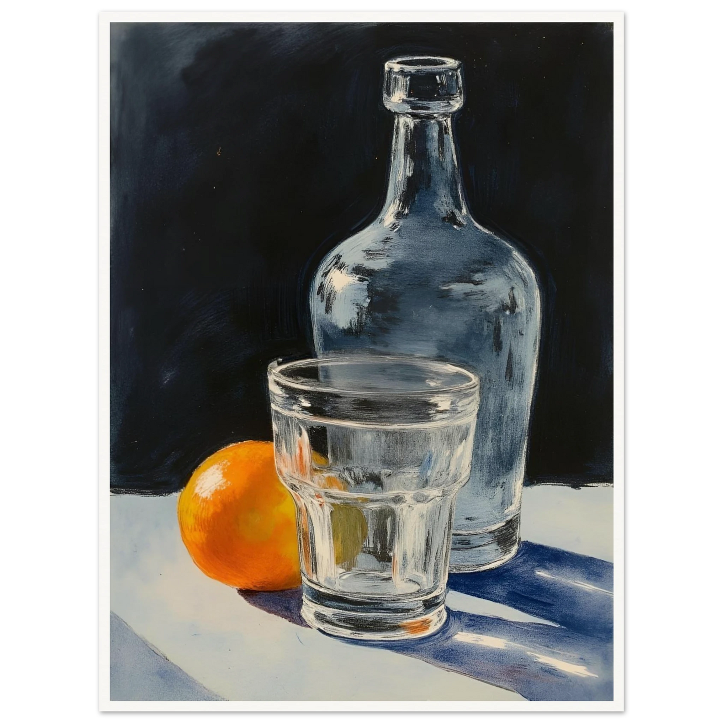A clear glass, bottle, and orange sit on a sunlit surface, casting soft shadows against a dark background.