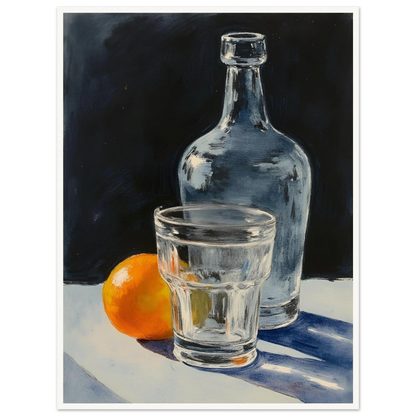 A clear glass, bottle, and orange sit on a sunlit surface, casting soft shadows against a dark background.