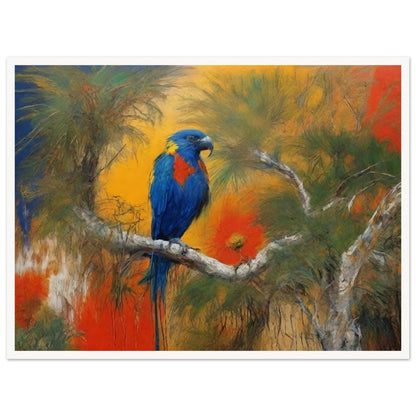 "A vibrant painting of a parrot with blue, red, and yellow feathers perched on a branch, set against a lush, tropical backdrop with rich orange and green hues."