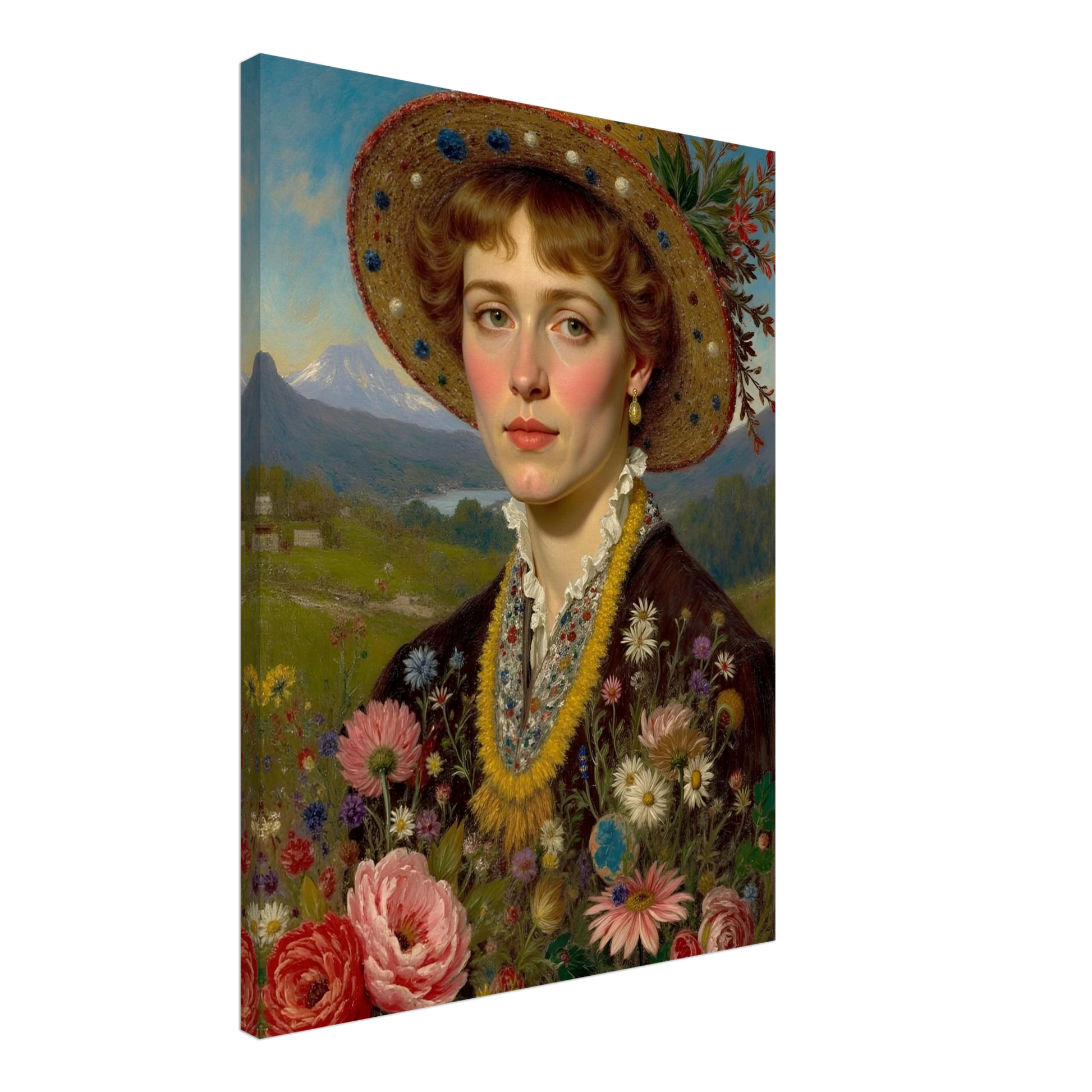 Portrait of a woman in a straw hat adorned with flowers, holding a vibrant bouquet against a mountain meadow backdrop.