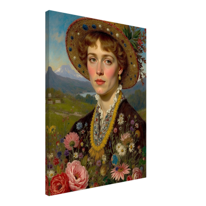 Portrait of a woman in a straw hat adorned with flowers, holding a vibrant bouquet against a mountain meadow backdrop.