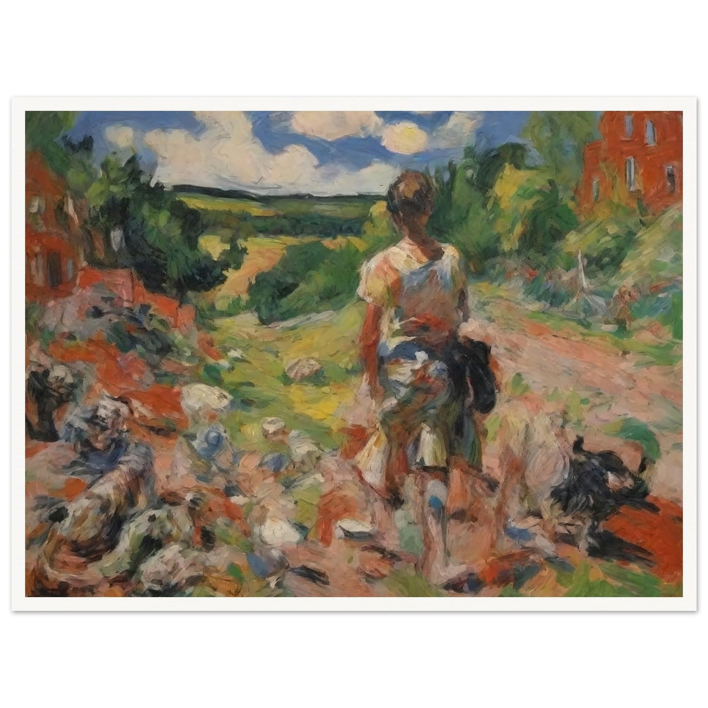 An expressive painting of a shepherd walking with a flock of sheep along a colorful, scenic countryside path.