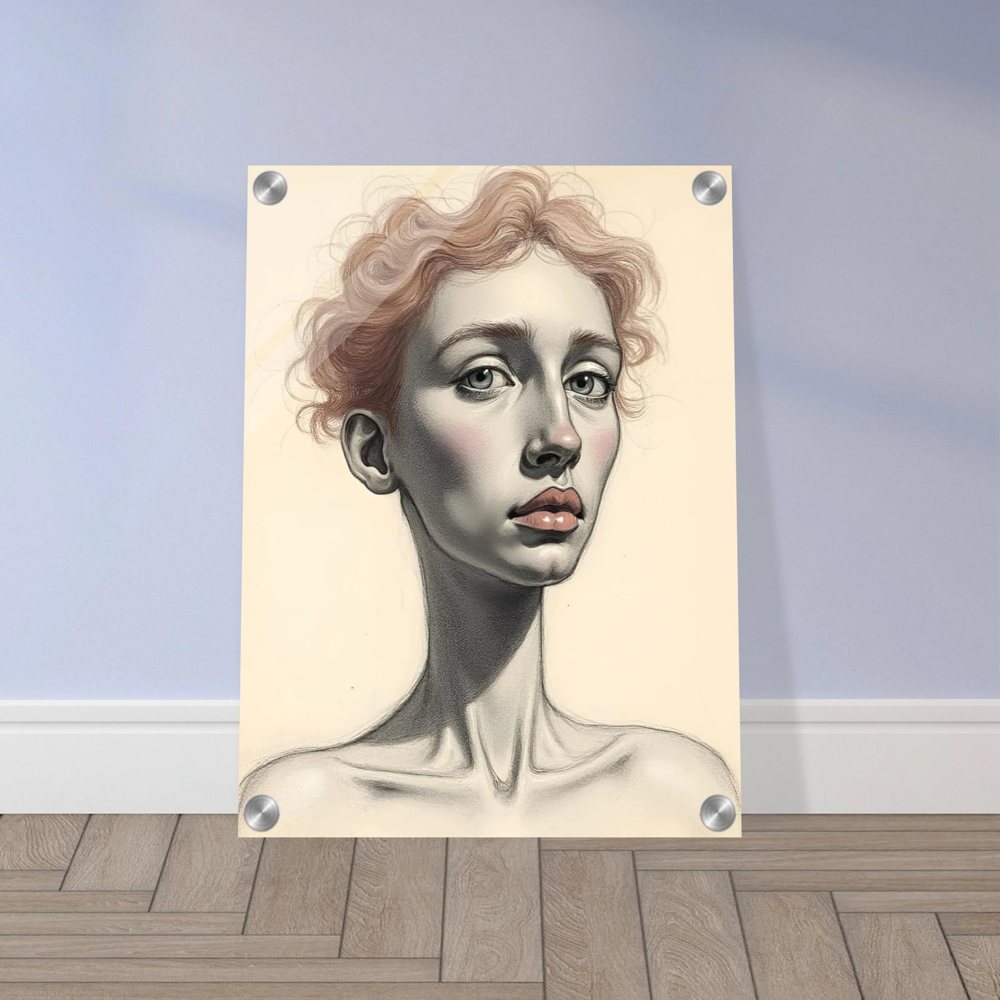 A detailed portrait of a woman with soft red curls, pale skin, and steady eyes, evoking grace and introspection.