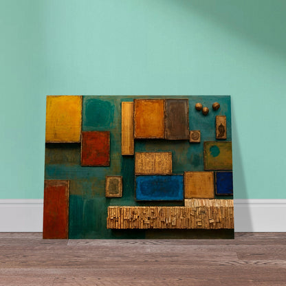 A textured mixed-media artwork with wooden blocks, vintage paper, and rich colors like teal, ochre, and deep red, forming an intricate geometric collage.