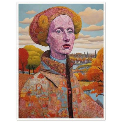 "A striking portrait of a woman with intricate patterns on her face, set against an autumnal landscape with vibrant orange and yellow trees."