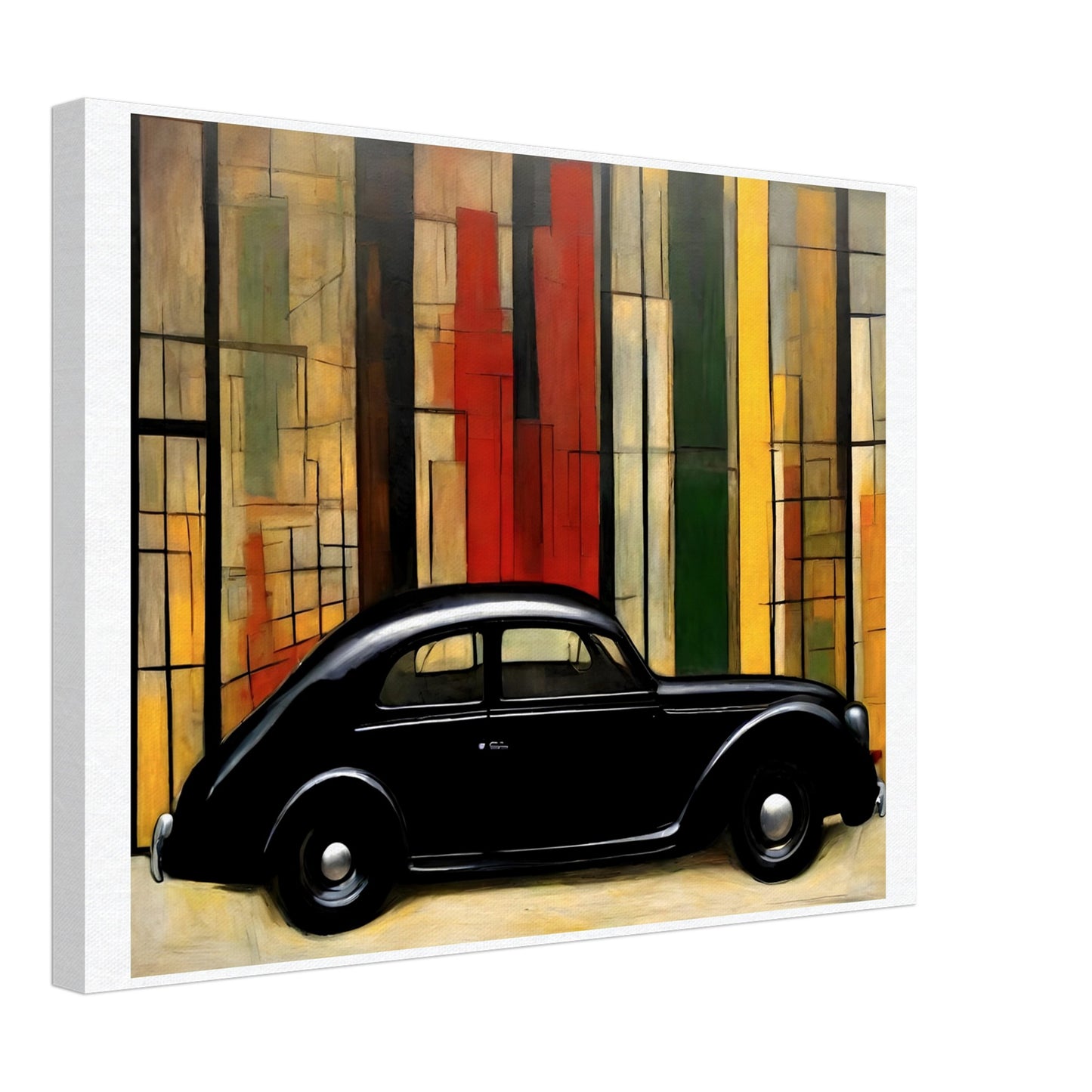 A sleek black vintage car set against a modernist background of vertical colored panels in red, yellow, and green tones.