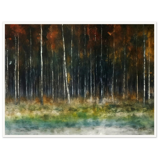 A serene landscape of a forest with tall, slender trees standing against a dark autumnal backdrop, surrounded by mist and soft earthy tones.