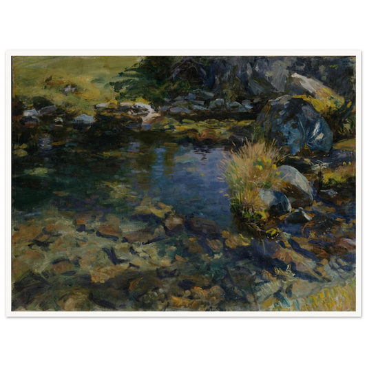 Rocky alpine pool with blue-green water, dark stones, and golden grasses in loose impressionist brushwork.