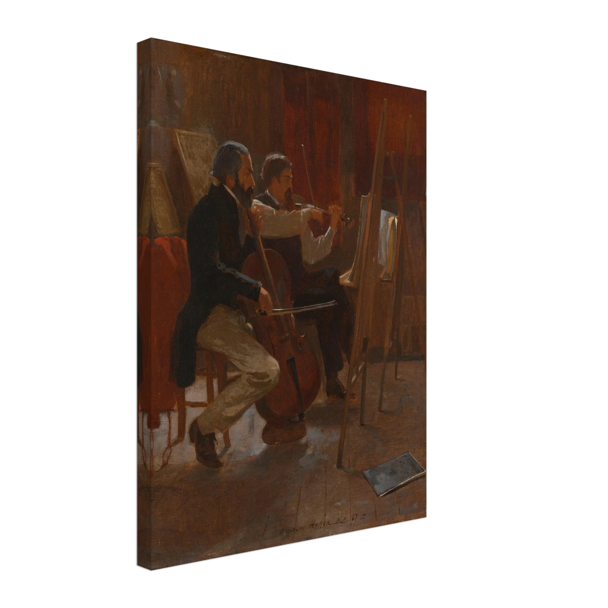 Two musicians play cello and violin in a warm artist studio, using easels as music stands.