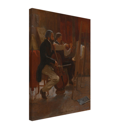 Two musicians play cello and violin in a warm artist studio, using easels as music stands.