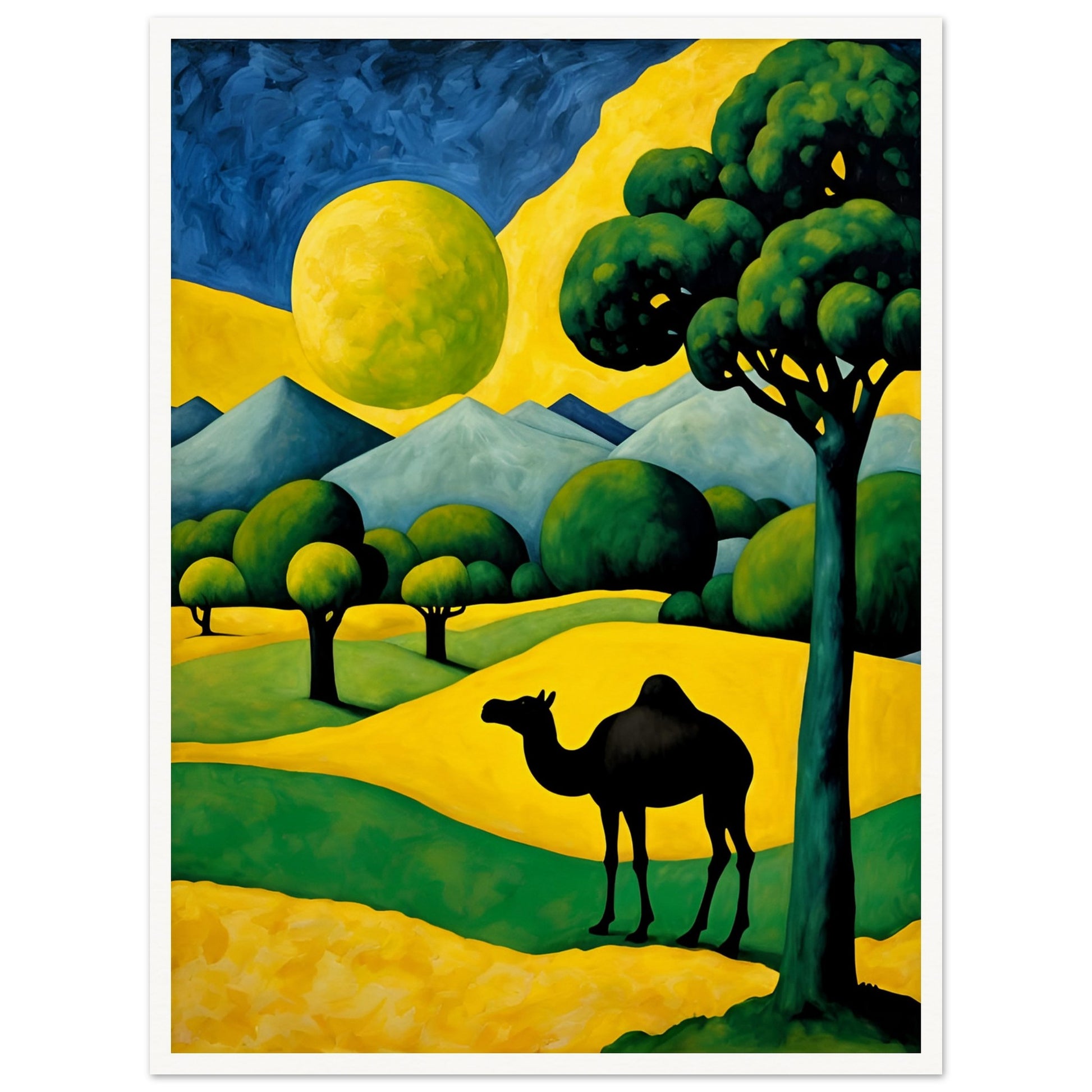 A surreal desert scene with a black camel silhouette against rolling golden dunes, lush green trees, and a glowing yellow moon.