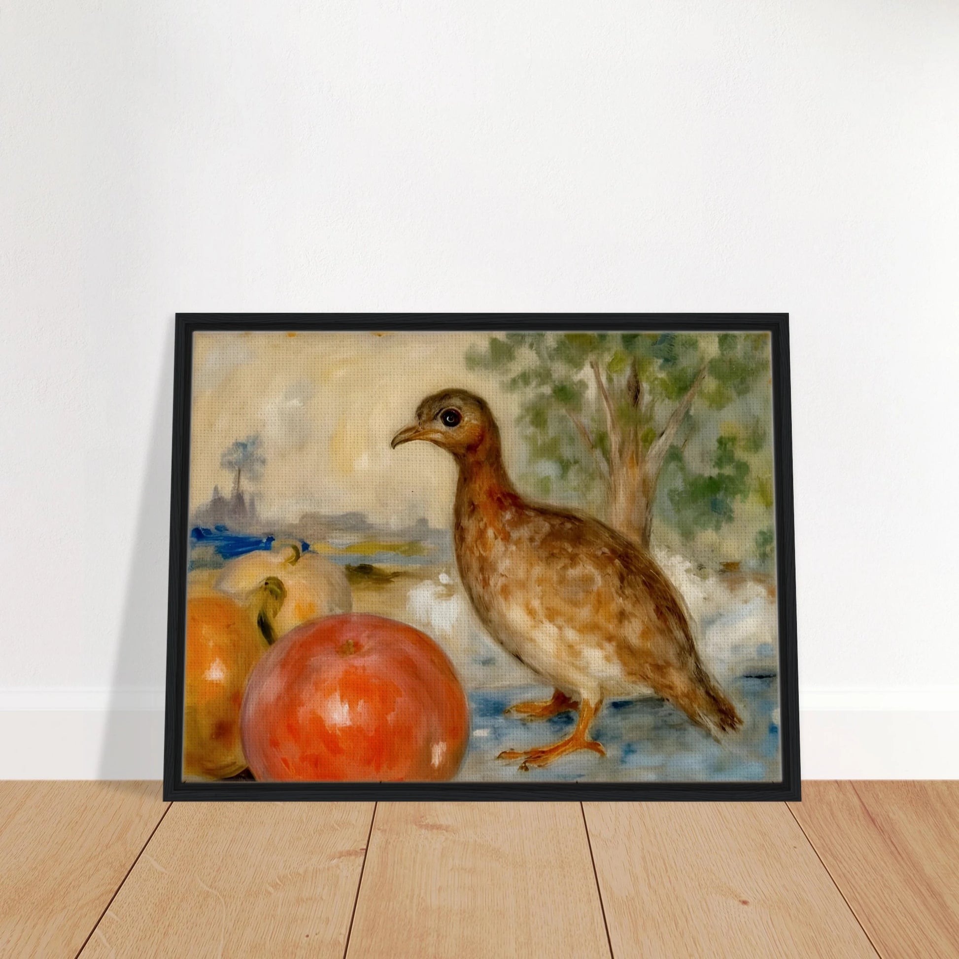 A brown bird stands beside ripe apples in a soft countryside setting, blending still life with gentle pastoral charm.