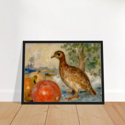 A brown bird stands beside ripe apples in a soft countryside setting, blending still life with gentle pastoral charm.