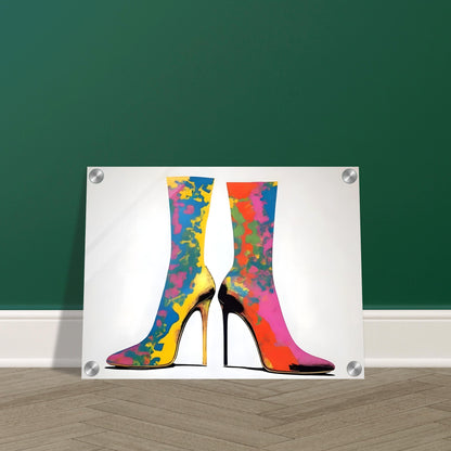 Vibrant high-heeled boots adorned with splashes of bold colors, creating a striking and fashionable design on a neutral background.