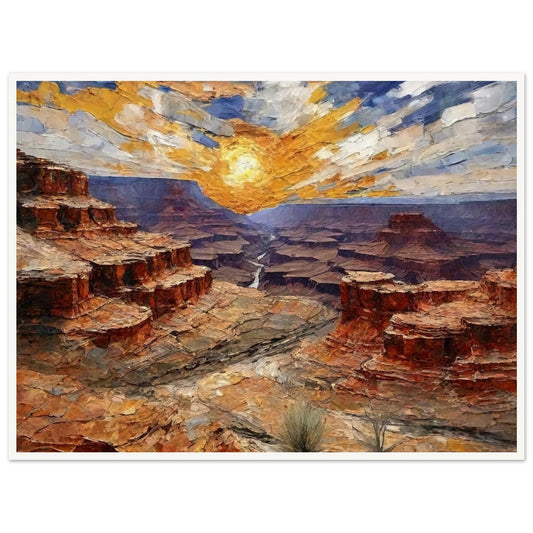 "A dramatic painting of a canyon at sunset, with layers of rocky red cliffs and a radiant golden sun casting light across the vast landscape."