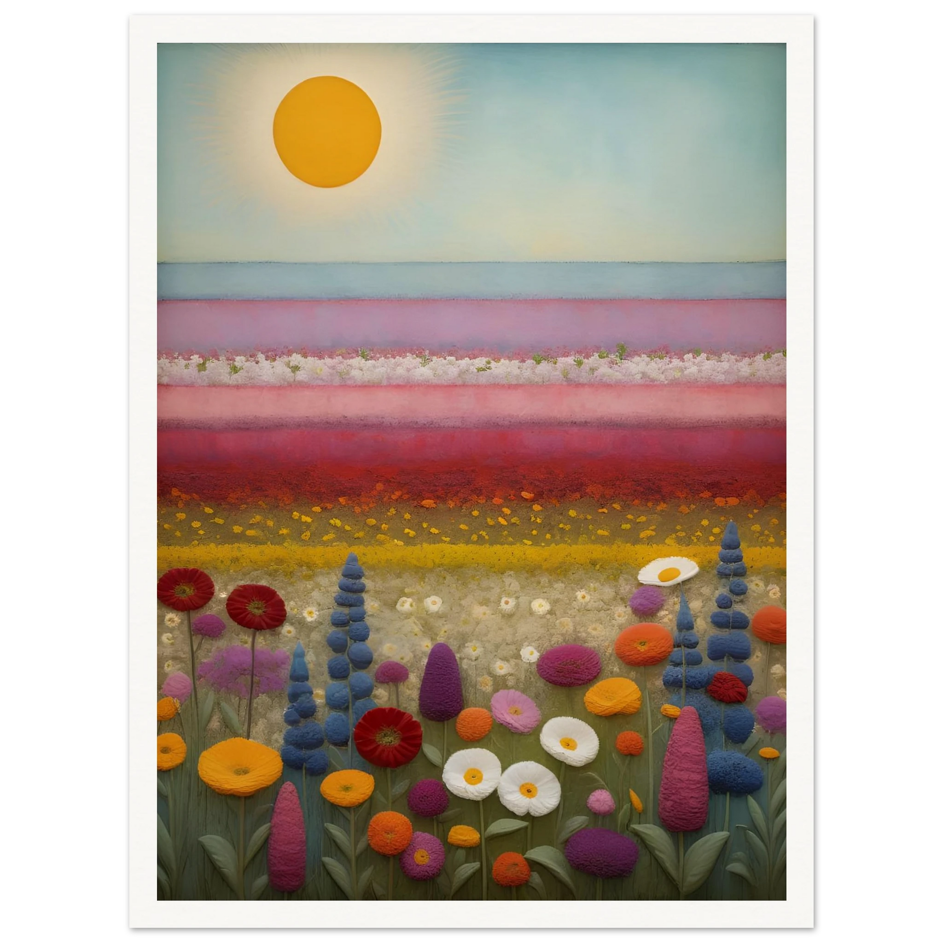 A vibrant field of multicolored flowers stretches under a golden sun, with pastel pink and purple layers blending into the horizon.