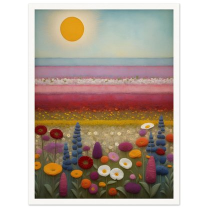 A vibrant field of multicolored flowers stretches under a golden sun, with pastel pink and purple layers blending into the horizon.