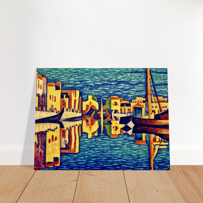 A vibrant depiction of a canal city with golden-hued buildings and gondolas reflecting in deep blue waters, creating a mesmerizing mirrored effect.