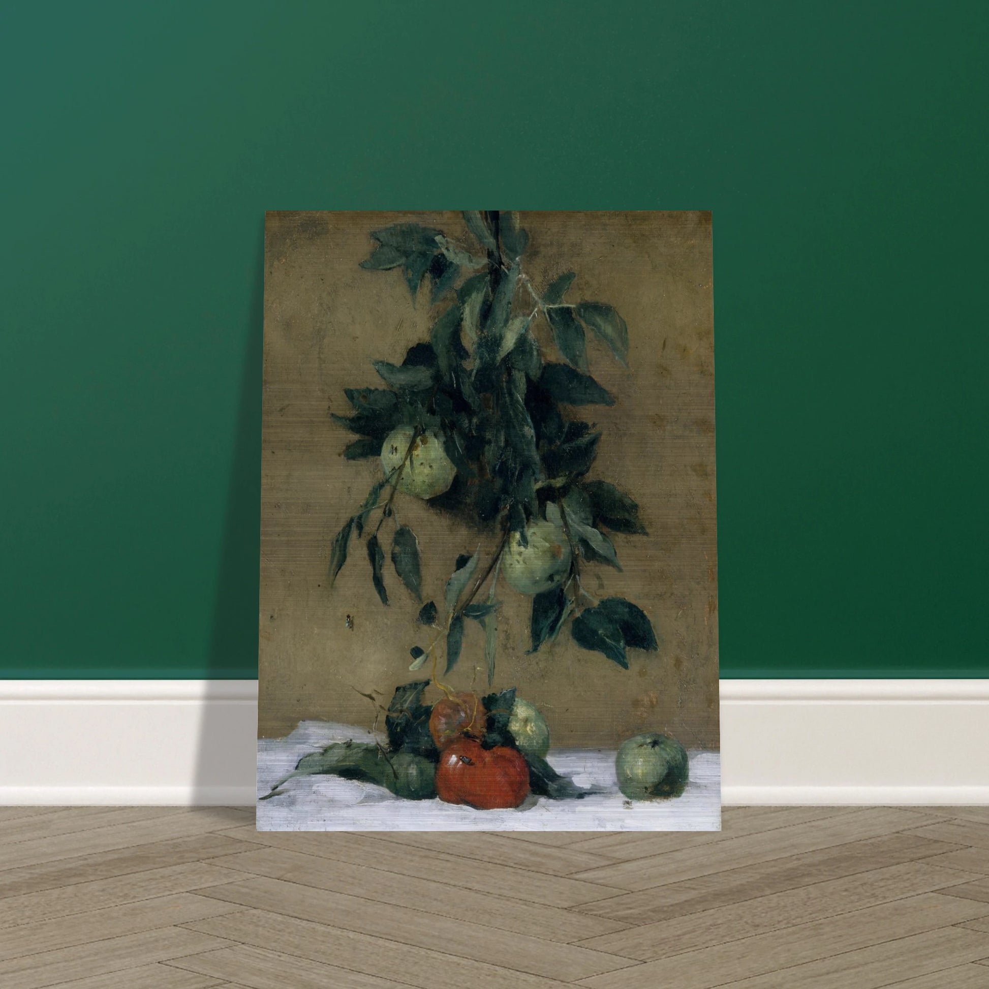 Apples and leaves hang above red fruit on a white cloth in a muted still life