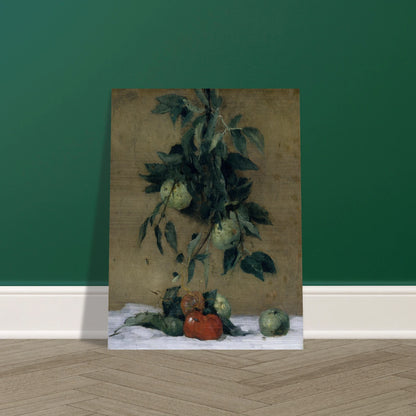 Apples and leaves hang above red fruit on a white cloth in a muted still life