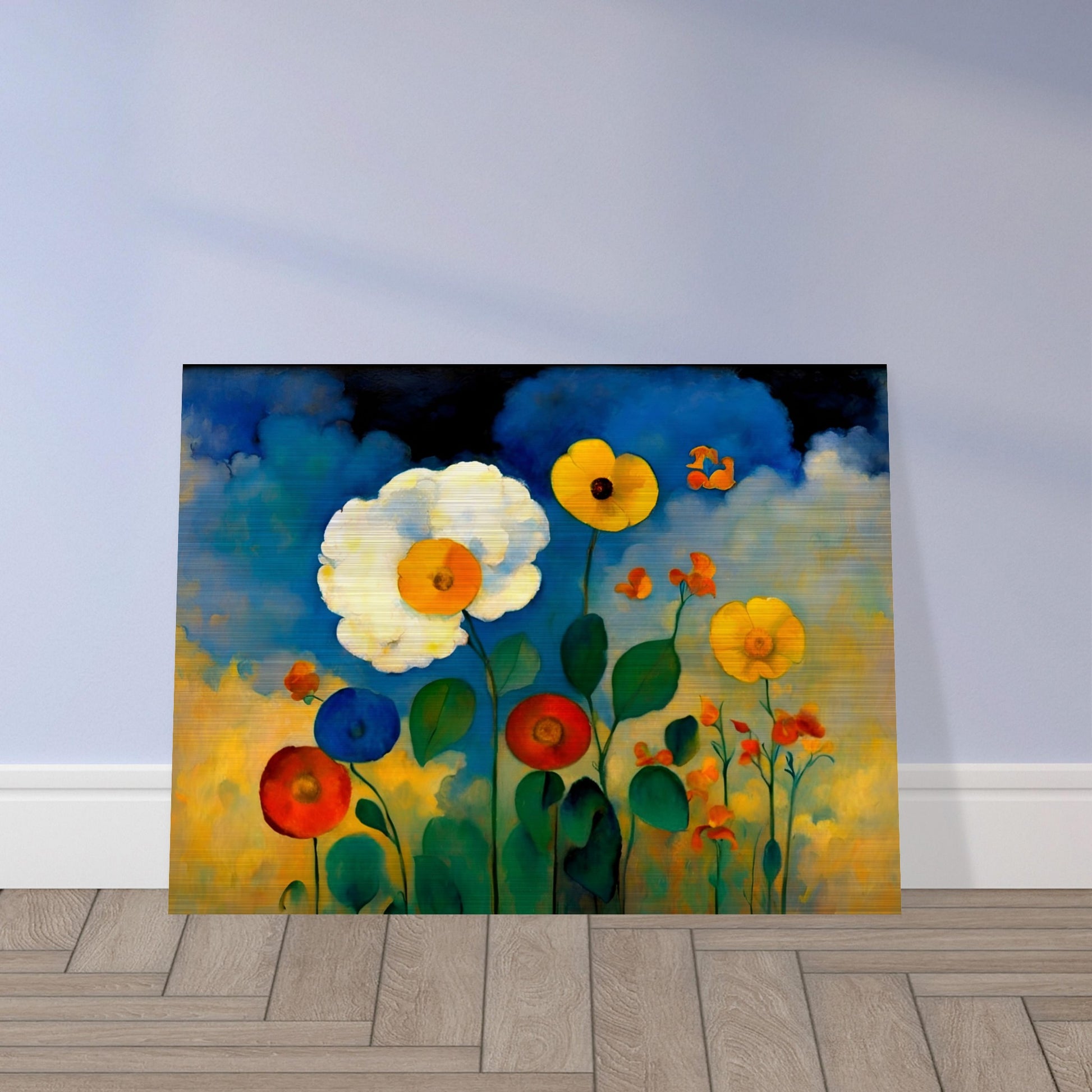 A vibrant floral painting with bold yellow, red, and blue flowers standing against a dreamy sky of deep blues, golds, and soft clouds.