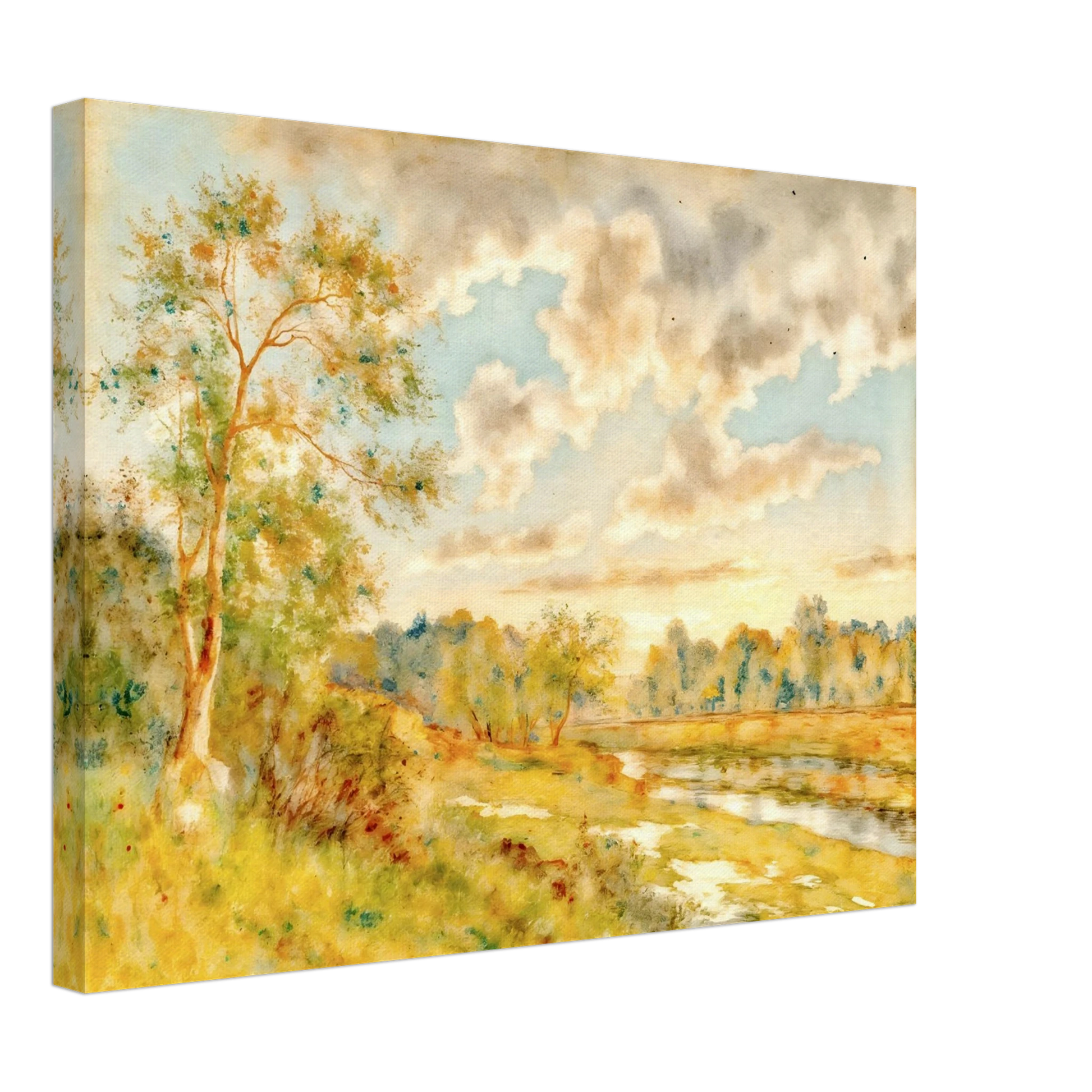Soft golden meadow beside a reflective river beneath luminous clouds, with delicate trees and warm pastoral light in an airy landscape.