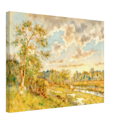 Soft golden meadow beside a reflective river beneath luminous clouds, with delicate trees and warm pastoral light in an airy landscape.