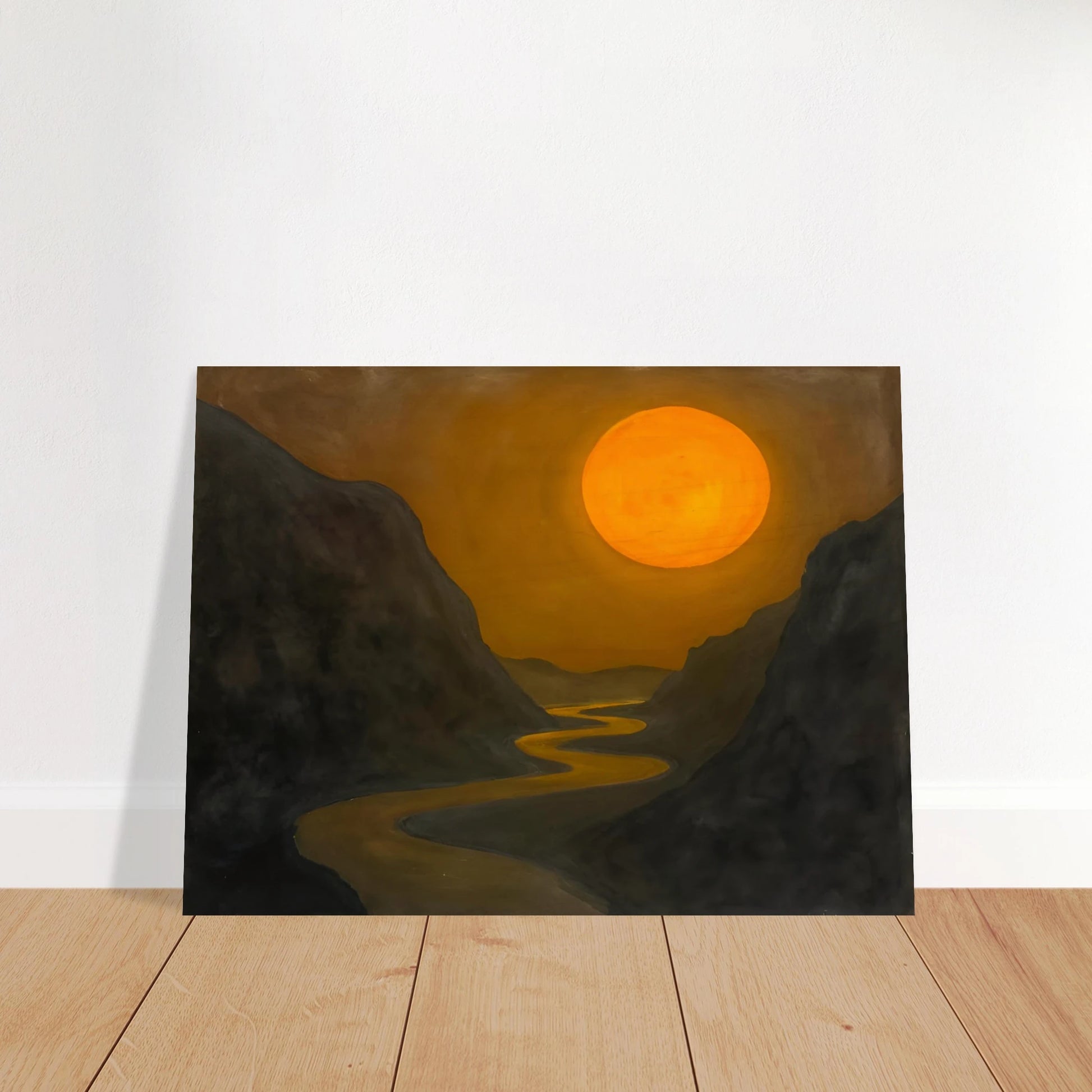 A glowing sun hovers over a winding river cutting through dark mountain valleys in a golden, dusky scene.