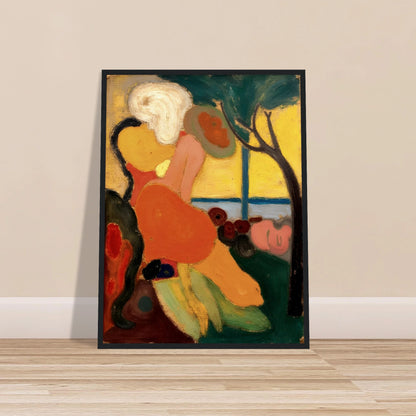 An expressive painting of two figures near the sea, surrounded by warm oranges, yellows, and greens under a gentle tree.