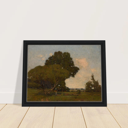 A woman walks through a green meadow beneath broad trees, with a winding path and soft clouds in the distance.