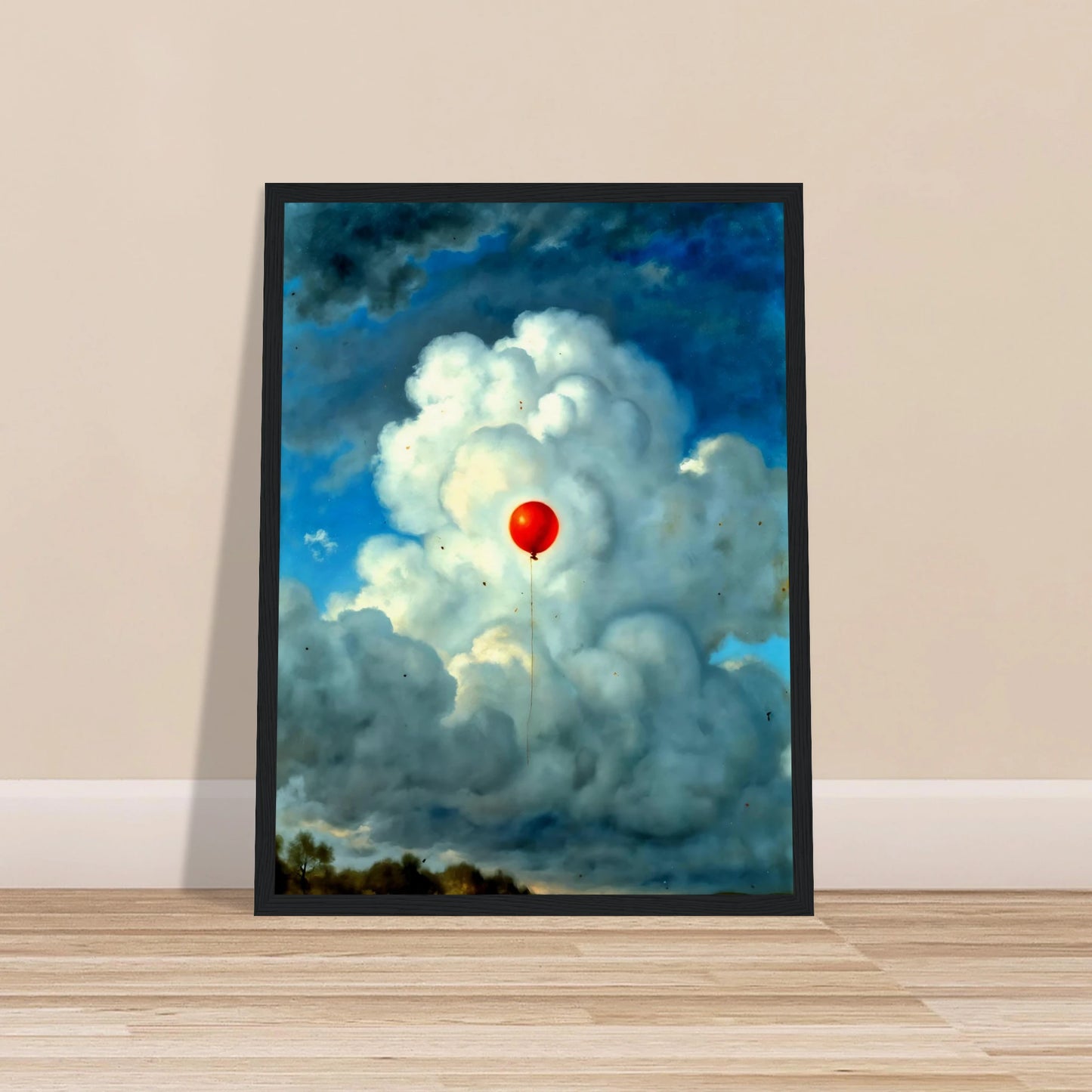 Single red balloon floating through towering white clouds against a dramatic blue sky, creating a surreal scene of hope and wonder.