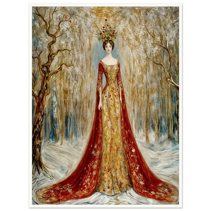 A regal woman in a golden gown with a flowing red train, crowned with a floral headpiece, standing in a snow-covered forest.