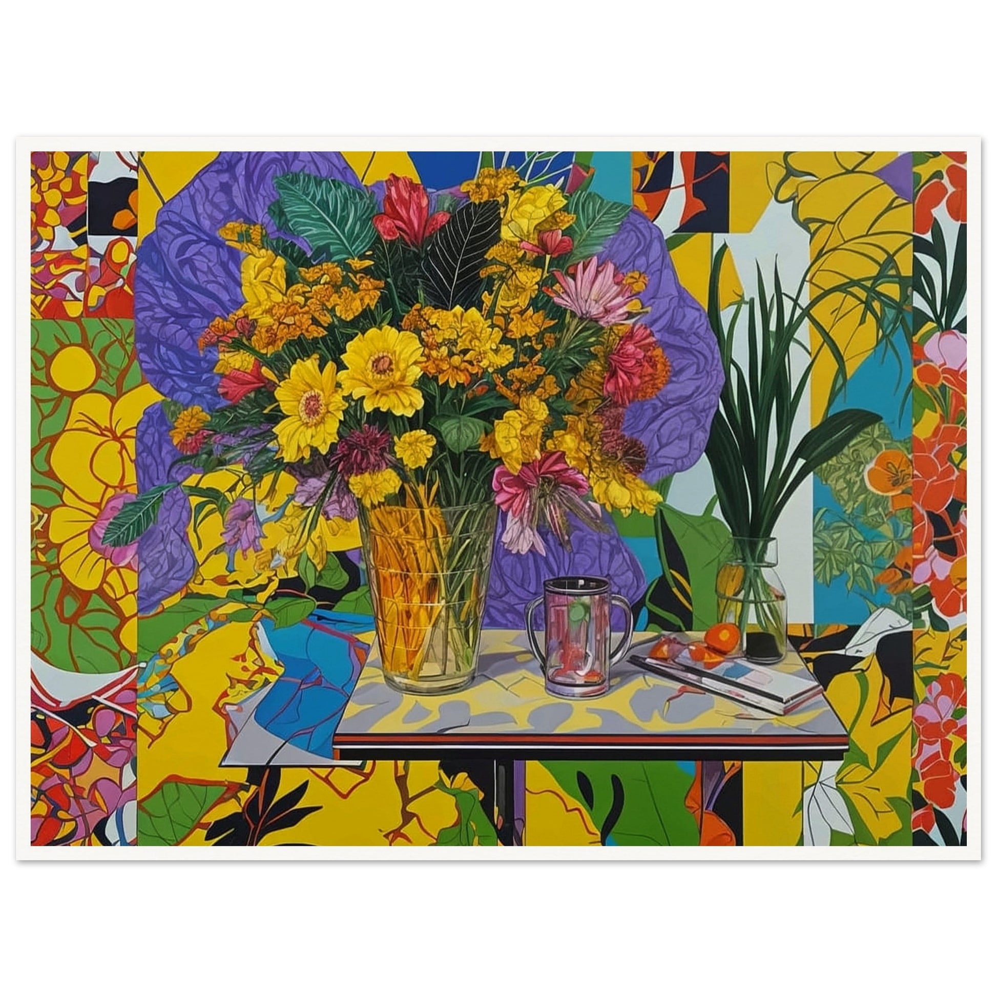 A vibrant painting featuring a bouquet of yellow, pink, and red flowers in a clear glass vase placed on a table. The background is filled with colorful and abstract patterns, enhancing the lively and energetic feel of the artwork. On the table, there is also a glass mug and a small plate with oranges, adding more elements to this dynamic composition.