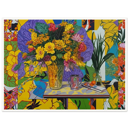 A vibrant painting featuring a bouquet of yellow, pink, and red flowers in a clear glass vase placed on a table. The background is filled with colorful and abstract patterns, enhancing the lively and energetic feel of the artwork. On the table, there is also a glass mug and a small plate with oranges, adding more elements to this dynamic composition.