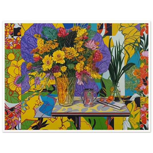 A vibrant painting featuring a bouquet of yellow, pink, and red flowers in a clear glass vase placed on a table. The background is filled with colorful and abstract patterns, enhancing the lively and energetic feel of the artwork. On the table, there is also a glass mug and a small plate with oranges, adding more elements to this dynamic composition.