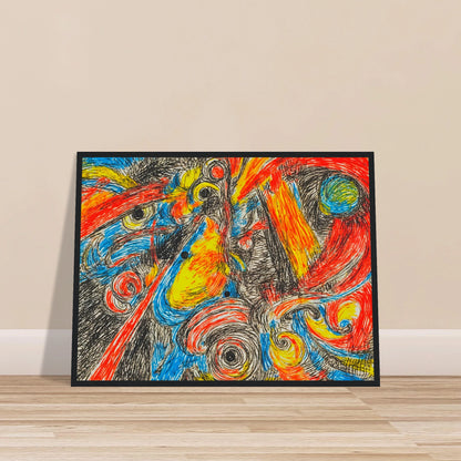 Explosive swirling lines of red, blue, yellow, and black collide in a high-energy abstract composition filled with motion and intensity.