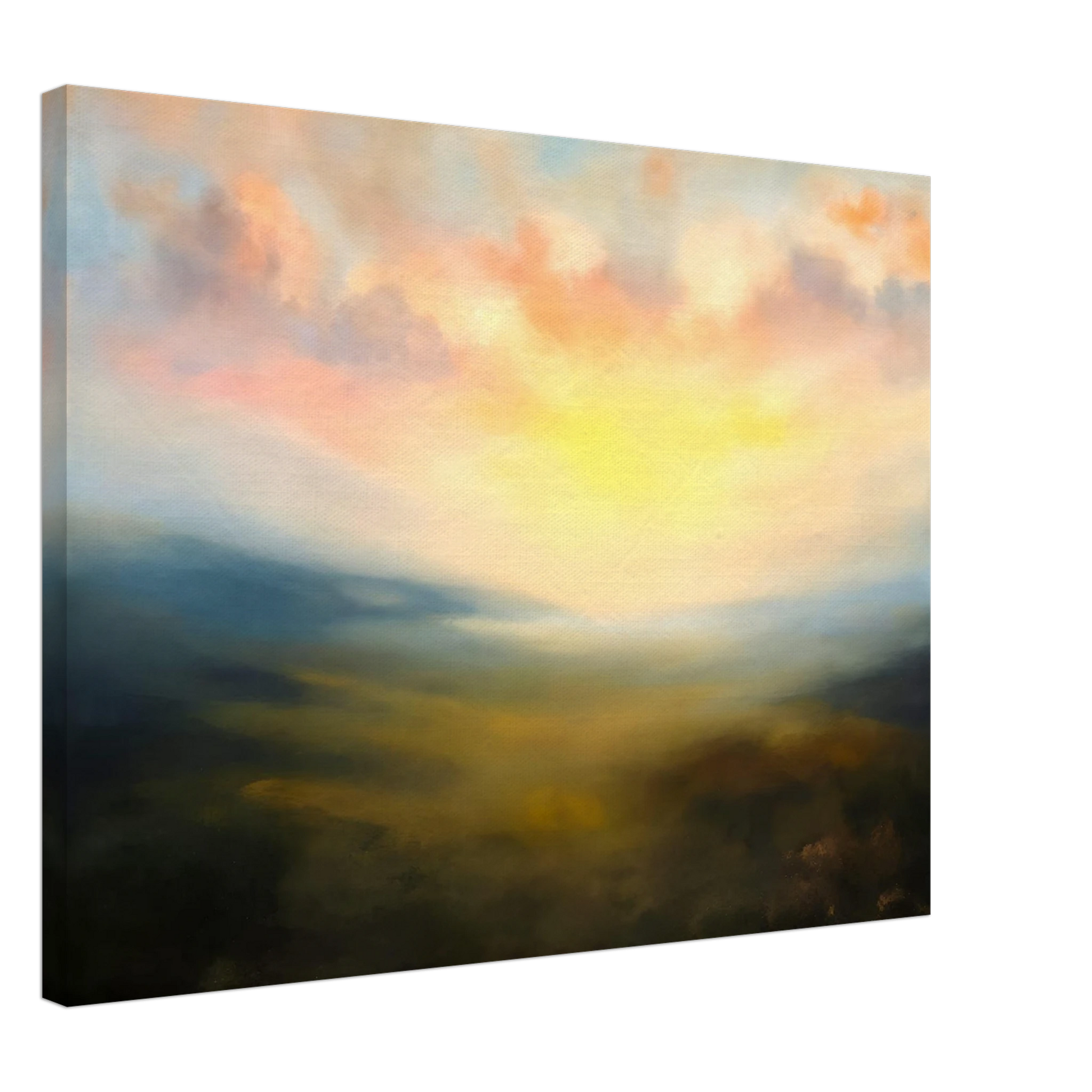 A serene atmospheric landscape featuring a glowing sunrise over mist-covered hills, with soft pink clouds and golden light spreading across a hazy valley.