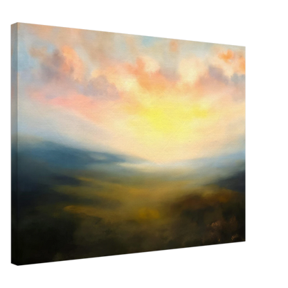 A serene atmospheric landscape featuring a glowing sunrise over mist-covered hills, with soft pink clouds and golden light spreading across a hazy valley.
