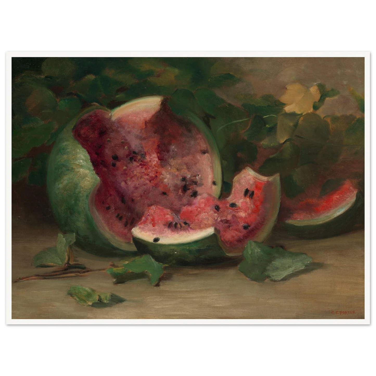 A cracked watermelon and red slices rest among green vines and leaves in a richly painted still life.
