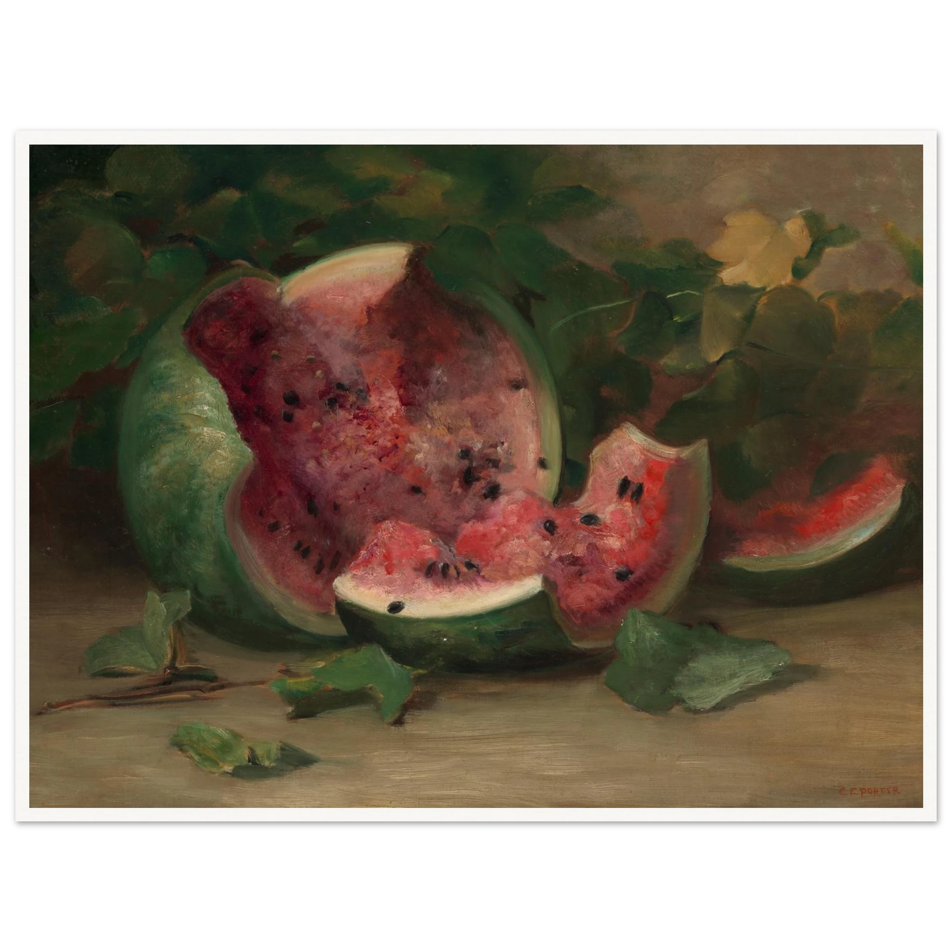 A cracked watermelon and red slices rest among green vines and leaves in a richly painted still life.