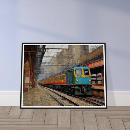 "A detailed painting of a train arriving at an urban station, set against the backdrop of tall buildings and intricate overhead wires, capturing the bustling city atmosphere."