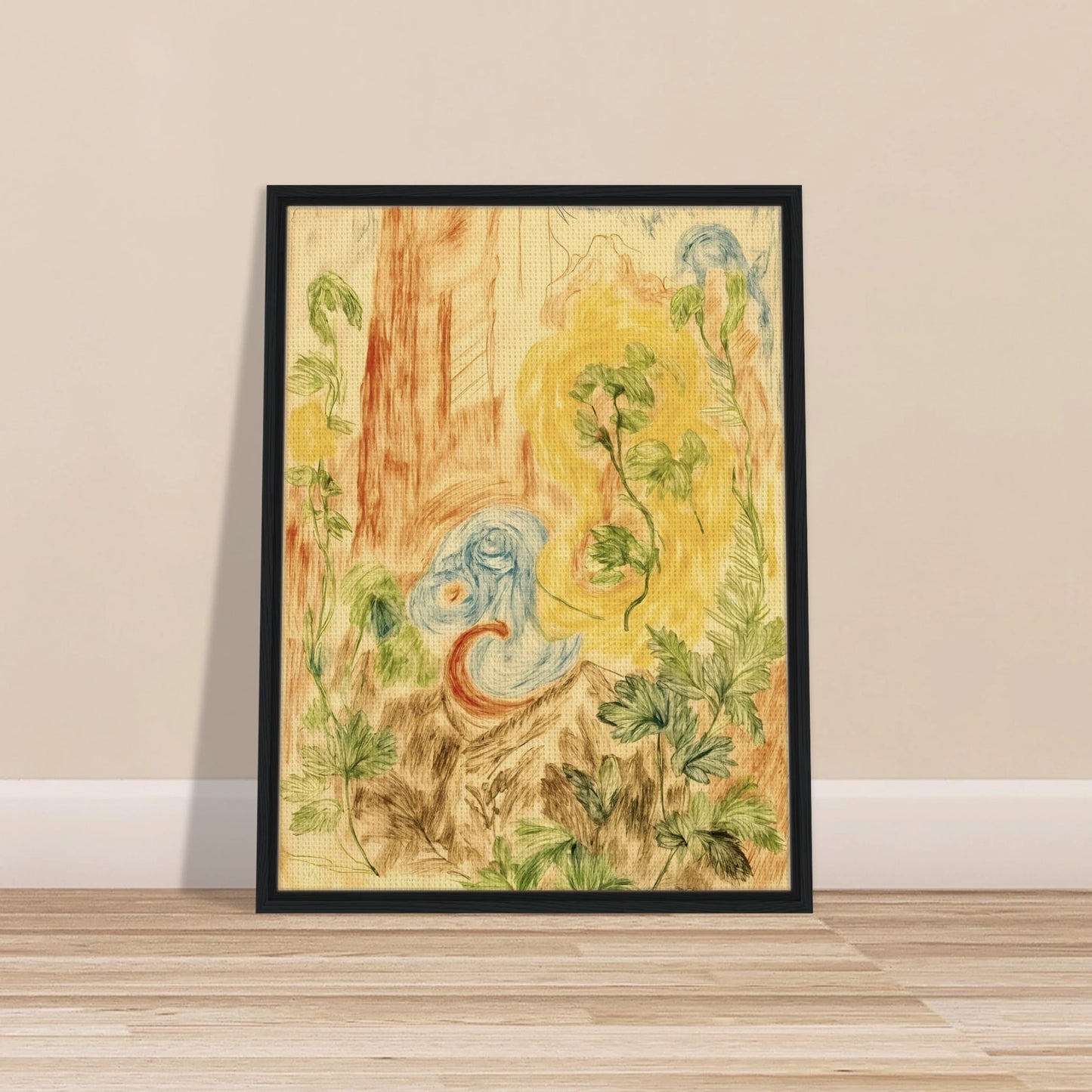 Delicate botanical sketches and flowing abstract forms intertwine in soft greens, golds, and blues across a dreamlike woodland-inspired composition.
