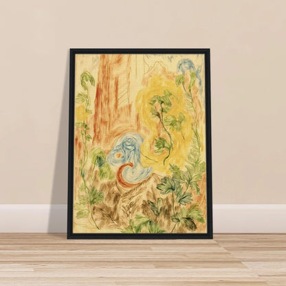 Delicate botanical sketches and flowing abstract forms intertwine in soft greens, golds, and blues across a dreamlike woodland-inspired composition.