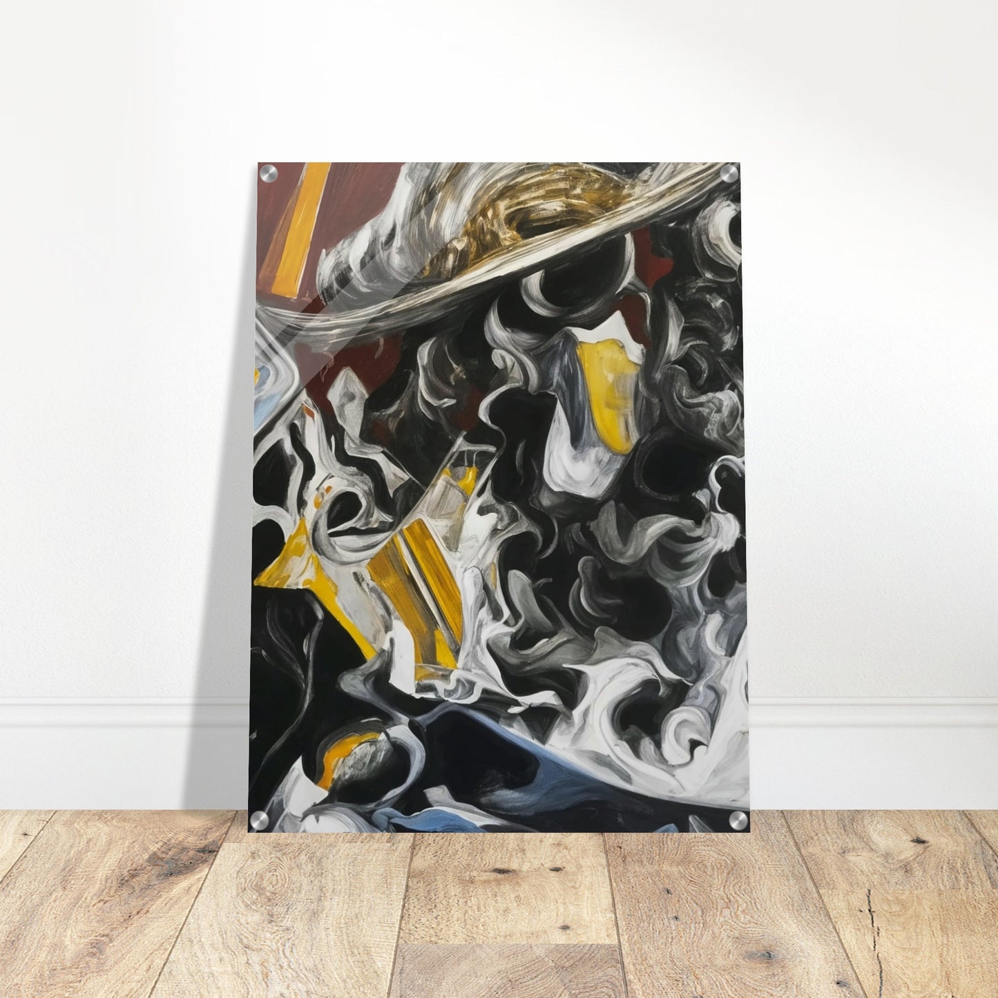 A dynamic composition featuring swirling black, white, and yellow forms that evoke a sense of movement and tension.