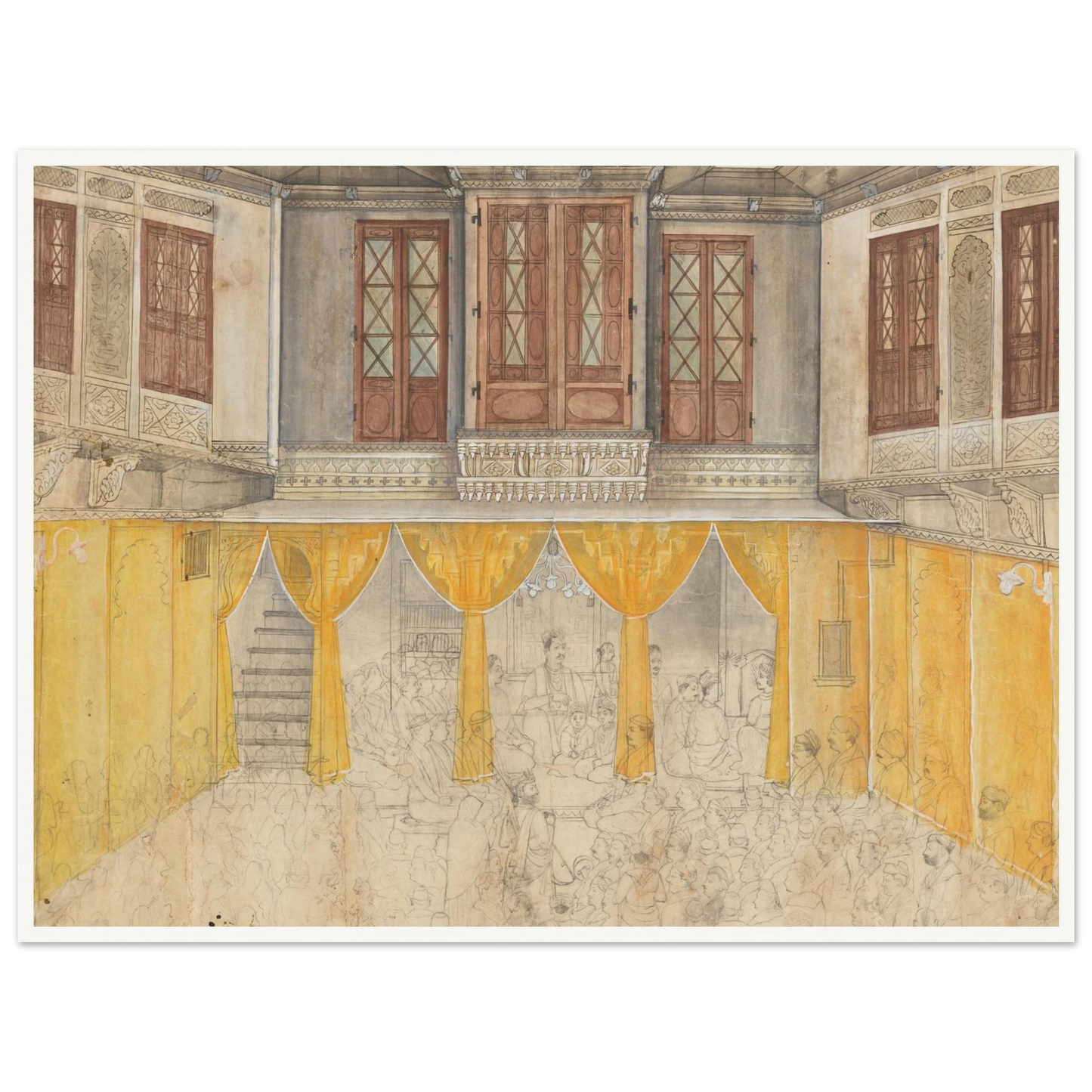 A crowded school gathering fills an ornate Indian courtyard with carved balconies and warm yellow walls.